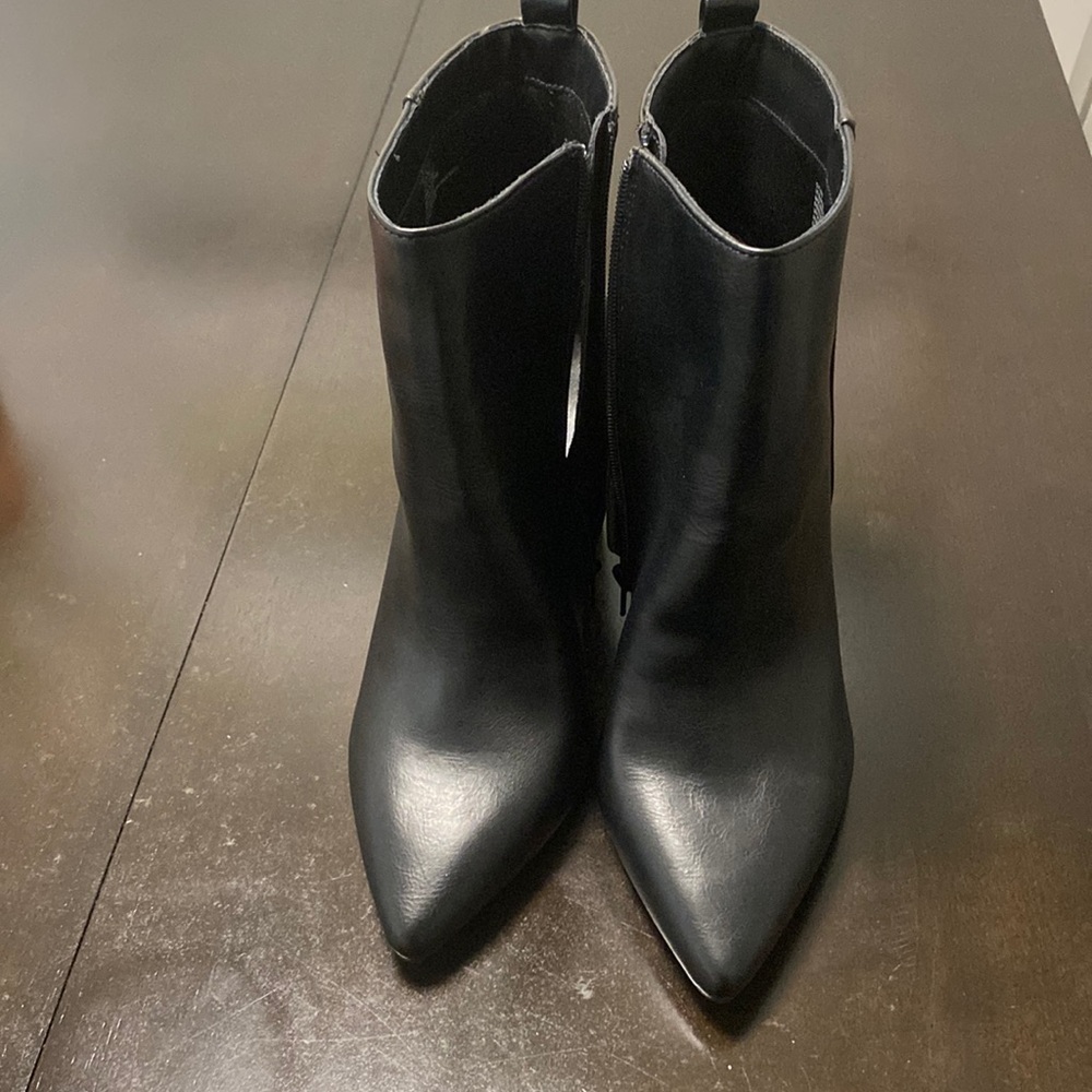 Black booties. Chunky heels with wide ankle area.